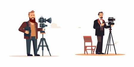 Photographer and cameraman with camera and tripod. Vector illustration in cartoon style