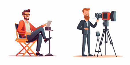 Journalist Interviewing Man with Camera and Journalist Interviewing Male Character Flat Vector...