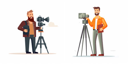 Cameraman or videographer with professional camera on tripod. Vector illustration in cartoon style