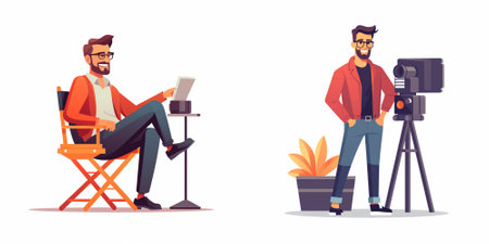 Photographer or videographer with camera and tripod. Man with beard and glasses sitting in chair and...