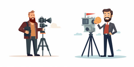 Cameraman, videographer and cameraman with camera. Cartoon vector illustration