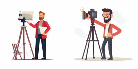 Photographer and cameraman with camera. Vector flat style cartoon illustration