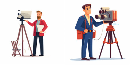 Videographer and cameraman with camera. Filmmaker with professional equipment. Vector illustration