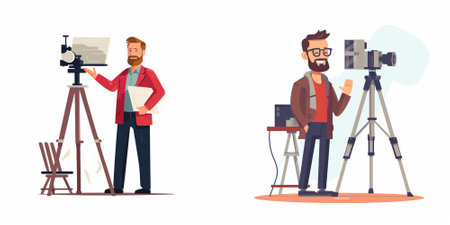Journalist with camera and tripod. Filmmaker and journalist. Vector illustration in cartoon style