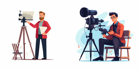 Journalist and cameraman with camera set, flat vector illustration.