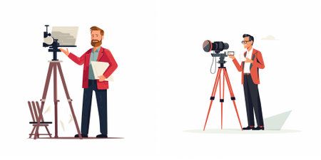 Journalist and cameraman. Cameraman with camera and microphone on tripod. Vector illustration in...