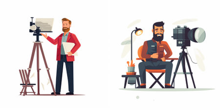 Photographer with camera and tripod set. Vector illustration in cartoon style