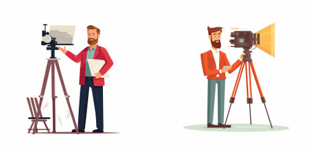 Photographer and cameraman with camera and tripod. Flat vector illustration.