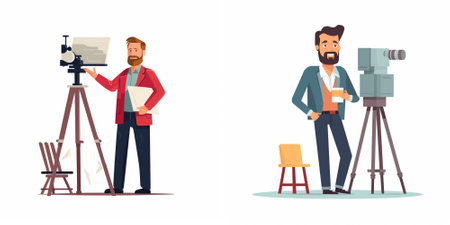 Photographer and cameraman with camera set, flat vector illustration.