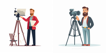 Photographer with camera and tripod. Man with beard and mustache, professional videographer and...