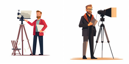Journalist and journalist with camera. Vector illustration in cartoon style.