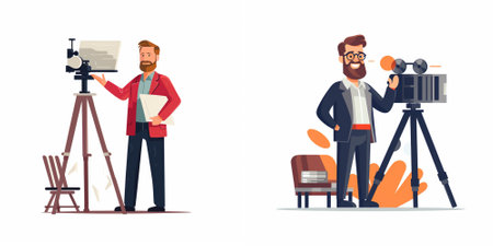 Cinema director and cameraman with camera set. Vector illustration in cartoon style