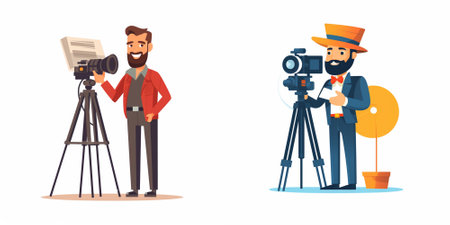 Photographer and cameraman with professional camera. Vector illustration in cartoon style