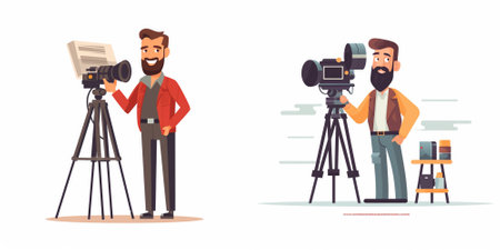 Photographer and cameraman with camera. Cameraman with professional equipment. Vector illustration...
