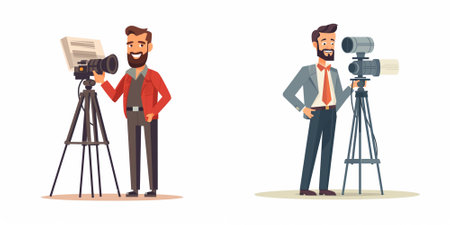 Photographer and cameraman with camera. Cameraman with professional camera. Vector illustration in...