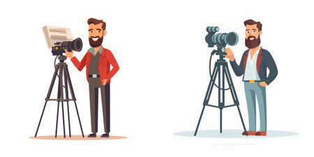 Journalist and cameraman with camera. Cameraman with camera. Vector illustration in cartoon style