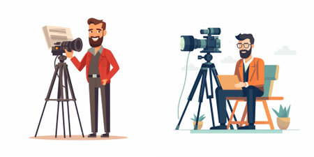 Journalist and cameraman with camera. Cameraman with camera on tripod. Vector illustration in...