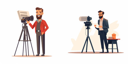 Journalist and cameraman set. Professional cameraman with camera on tripod, journalist in jacket and...