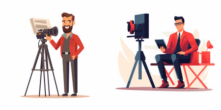 Photographer or videographer with camera on tripod. Filmmaking, videographer, videographer, film director. Vector illustration in cartoon styleのイラスト素材