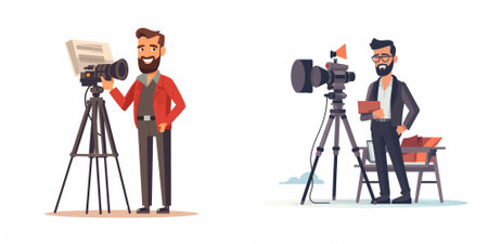 Journalist and videographer with camera on tripod. Vector illustration in cartoon style
