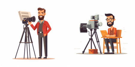 Photographer, videographer and cameraman with camera on tripod. Vector illustration in cartoon style