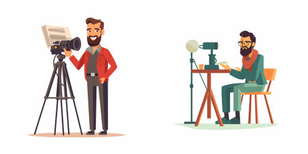 Photographer and cameraman with camera on tripod. Cameraman with camera on tripod. Filmmaking...