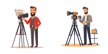 Photographer and cameraman with camera on tripod. Filmmaking and videographer concept. Vector...