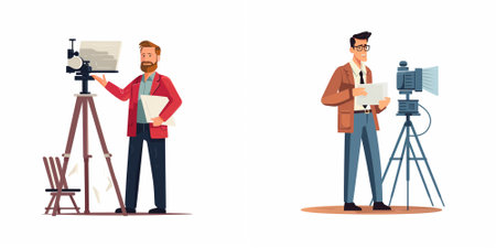 Journalist with camera, cameraman and videographer set, cartoon vector illustration