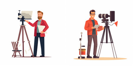 Photographer and cameraman with camera and tripod. Vector illustration in cartoon styleのイラスト素材