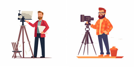 Photographer or videographer with camera and tripod. Cameraman making a video. Vector illustration...