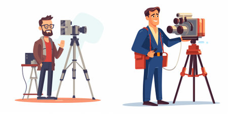 Photographer and cameraman with camera on tripod. Cameraman with camera. Vector illustration in...