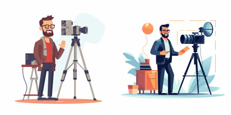 Vlogger or videographer. Filmmaker with camera on tripod. Man with beard in glasses and jacket....