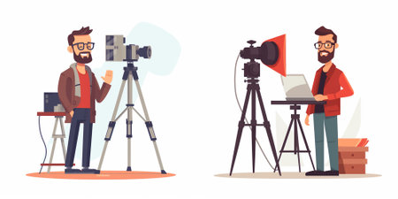 Photographer with camera, video camera, tripod and tripod. Vector illustration in cartoon style
