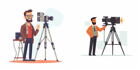 Photographer and cameraman with professional camera on tripod. Vector illustration