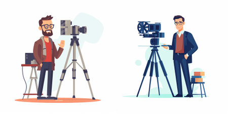 Cinematographer and videographer with camera on tripod. Vector flat cartoon illustration