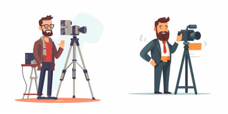 Photographer and cameraman with camera on tripod. Vector illustration in cartoon style
