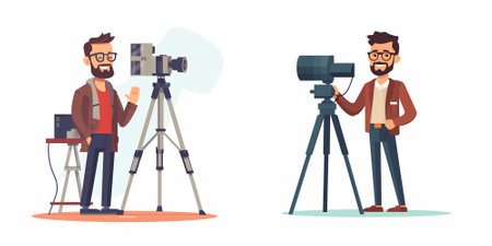 Photographer and cameraman. Cameraman with camera and tripod. Vector illustration in cartoon style