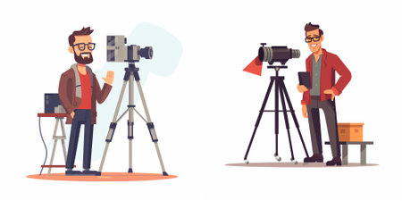 Photographer, videographer and cameraman with camera on tripod set. Vector illustration in cartoon...