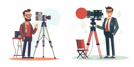 Photographer or videographer with camera and tripod. Vector illustration.