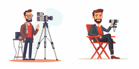 Photographer with camera on tripod and vlogger sitting in chair. Vector illustration