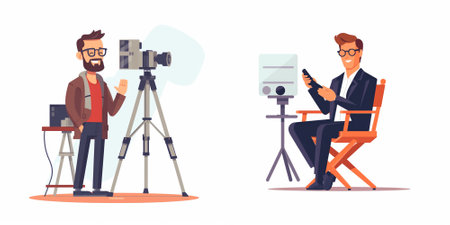 Cinema director or videographer with camera and tripod. Vector illustration