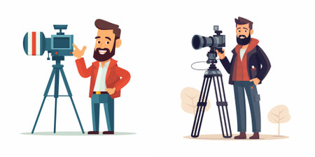 Photographer and cameraman with camera on tripod. Professional videographer, videographer. Vector...