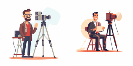 Photographer and cameraman with camera on tripod. Vector flat cartoon illustration