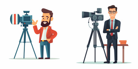 Cameraman and videographer with camera. Cameraman and videographer. Filmmaker with camera on tripod....