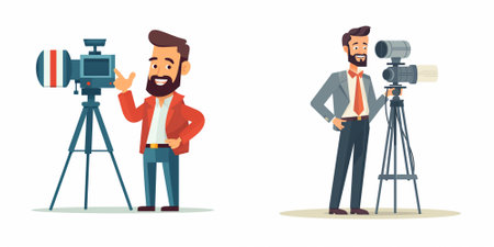 Journalist and cameraman with camera. Flat vector cartoon illustration.