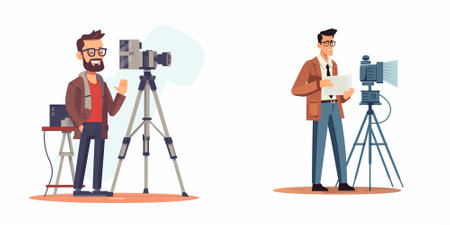 Cameraman, cameraman or videographer with camera and tripod. Vector illustration in cartoon style