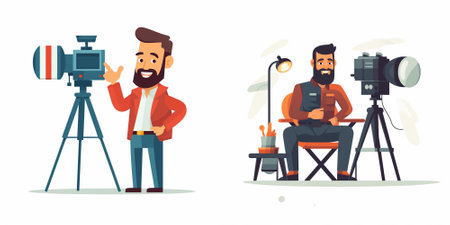 Photographer and cameraman with camera on tripod. Vector flat cartoon illustration
