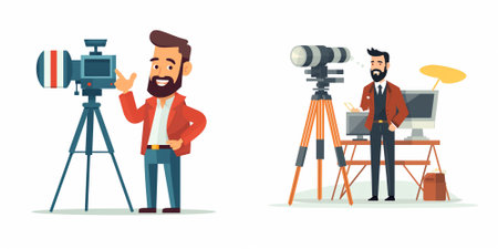 Journalist and cameraman with camera on tripod. Cartoon vector illustration