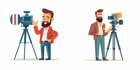 Cameraman and videographer with camera. Vector flat cartoon illustration