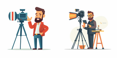 Journalist and cameraman with camera on tripod. Vector flat cartoon illustration
